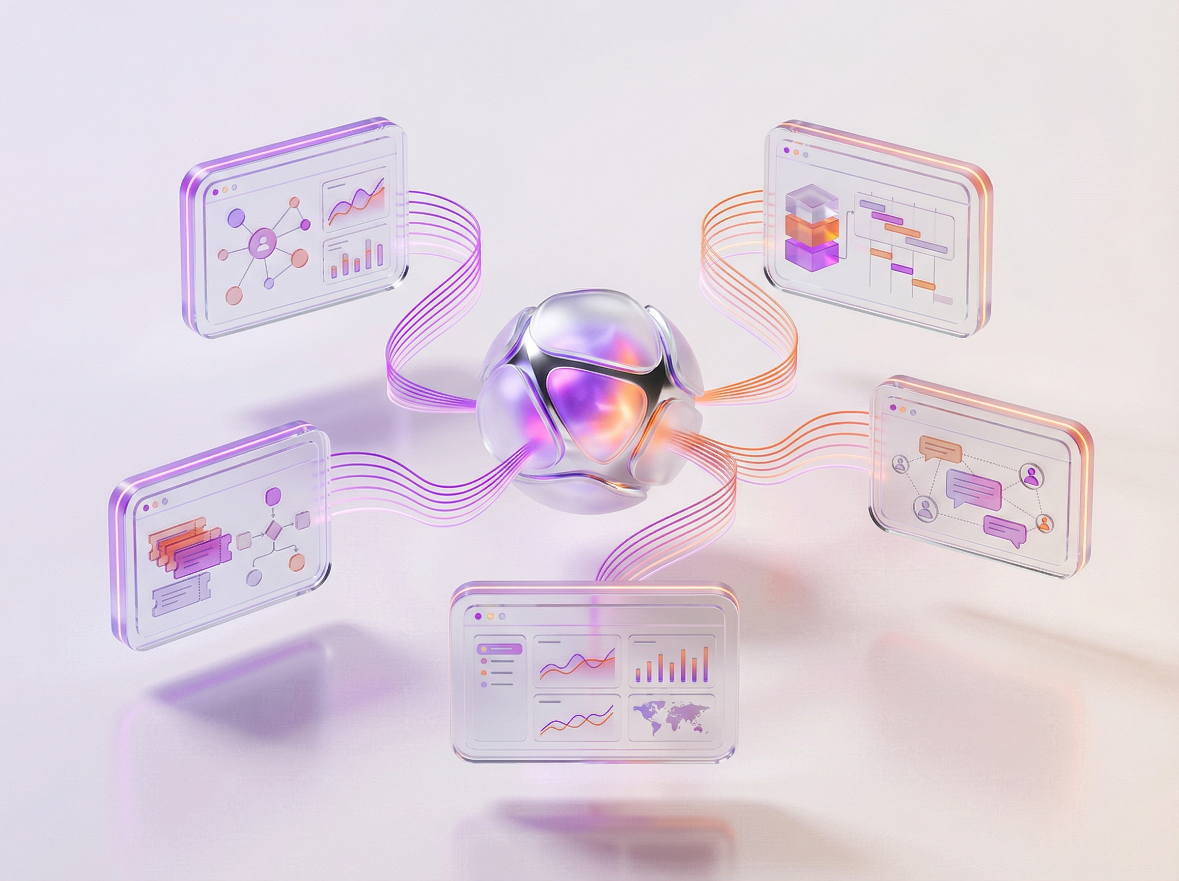 Integration map showing AI orchestrator connected to CRM, ERP, support, and analytics systems